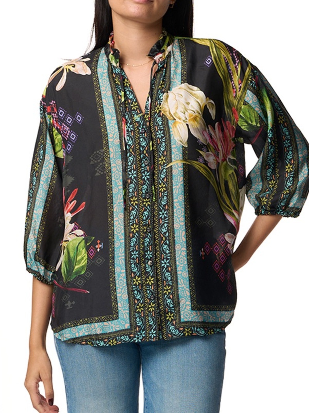 NWT. Johnny Was Elda Black Floral 100% Silk Button-Down Blouse in Iris Whisper M - Picture 8 of 10